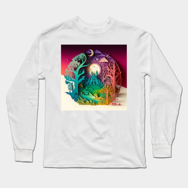 3D Effect Papercut Art - Fairytale Scene Long Sleeve T-Shirt by TheArtfulAI